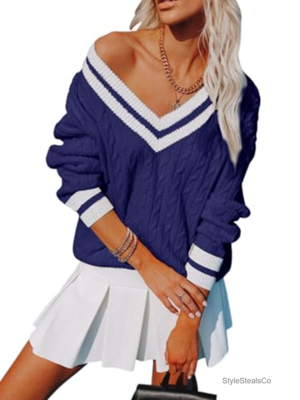 Oversized Cable Knit V Neck Long Sleeve Pullover Sweater Striped Tunic